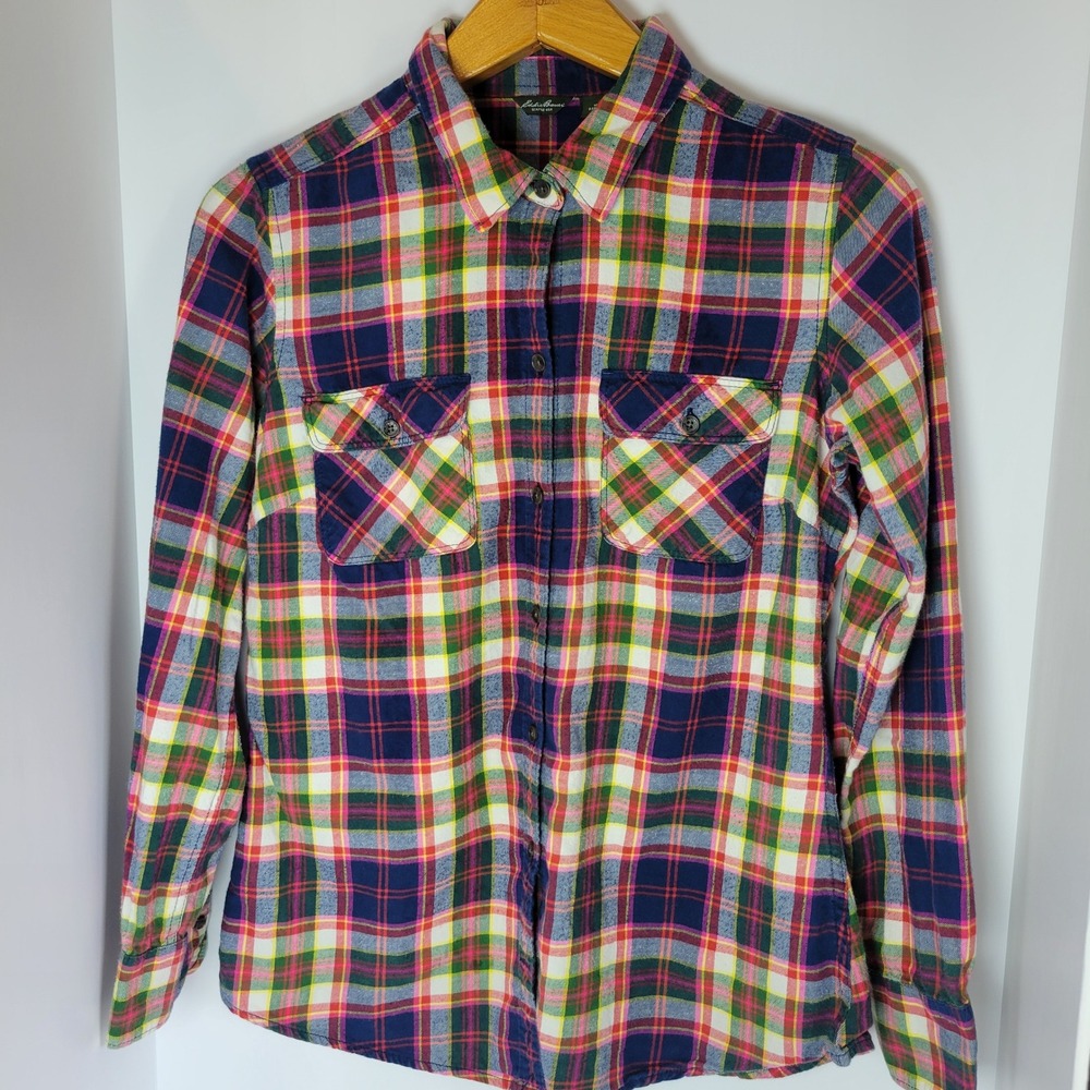 Eddie Bauer Womens Multi Color Plaid Flannel Button Down Shirt Size M Pockets